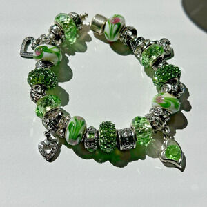 PANDORA Silver Charm Bracelet Floral Glass Green St Patrick Barrel Closure